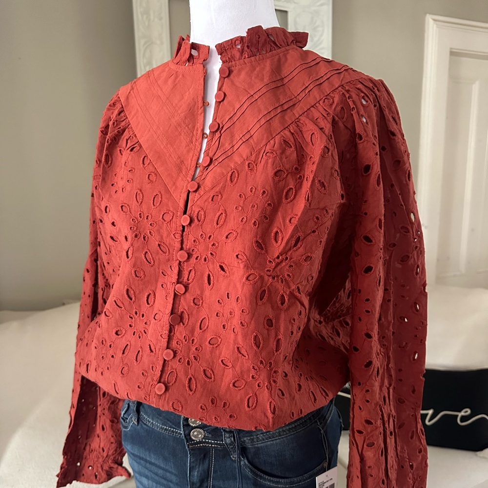 PRETTYGARDEN Women's NWT Boho Puff Long Sleeve Button Embroidered Shirt Size L